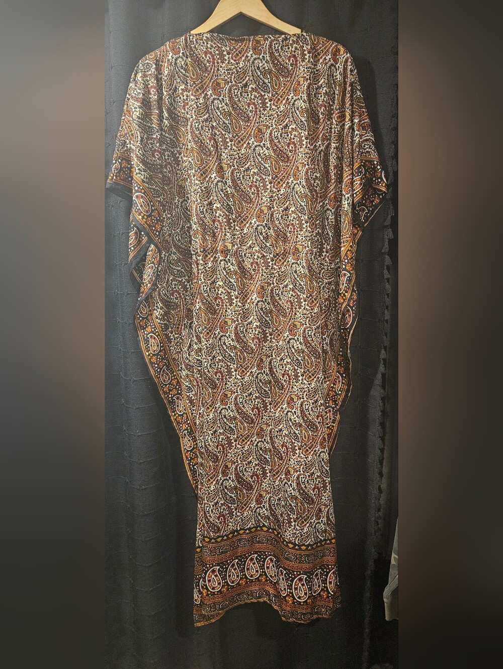 Boho Paisley Print Maxi Kaftan Dress V-Neck Drawstring One Size Viscose India - Picture 3 of 6